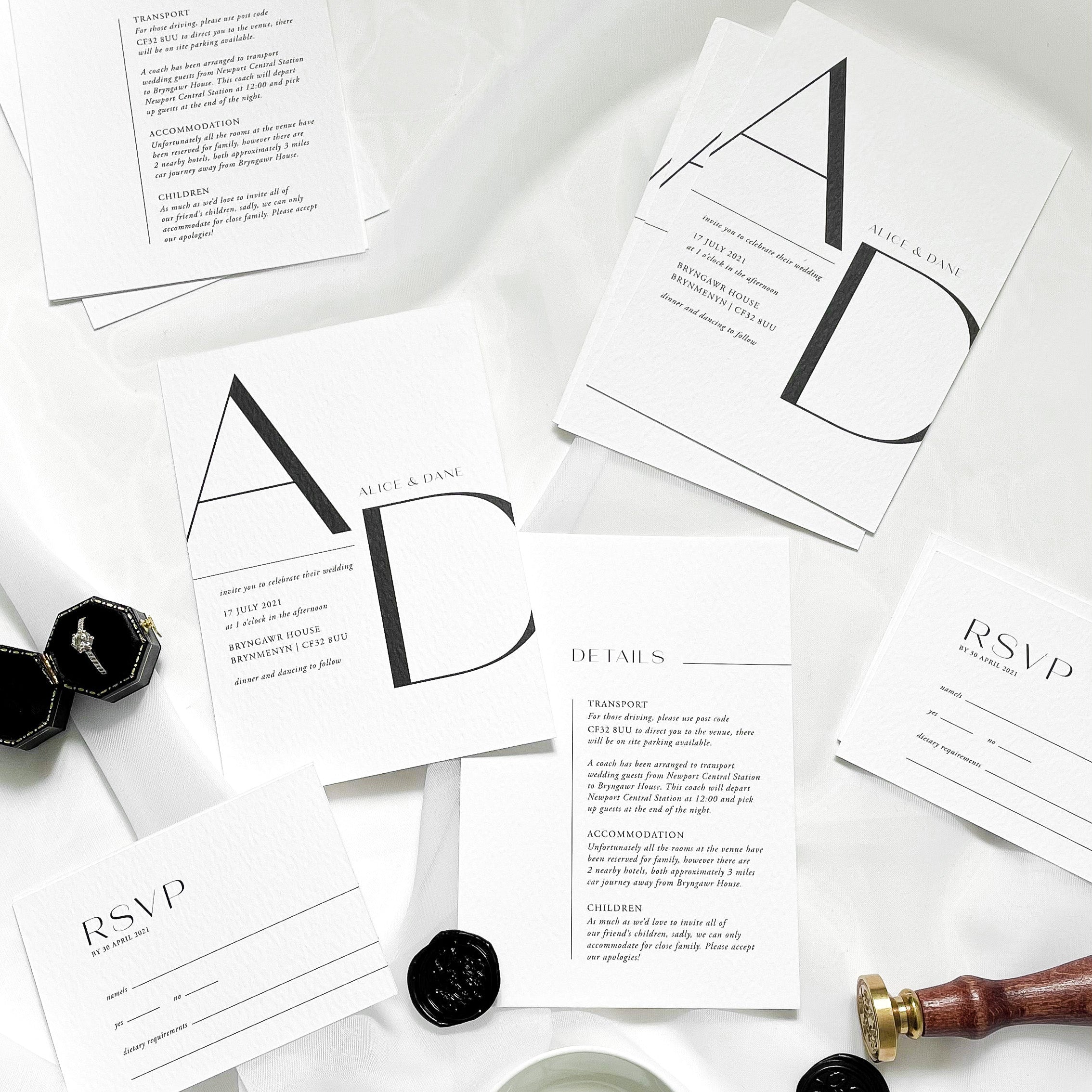 Minimalist monochrome wedding invitation suite with textured white card, elegant serif and script fonts, and premium finishes including hot foil, blind embossing and debossing styled for romantic garden weddings and modern elegant celebrations.